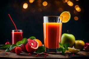 fresh juice in a glass with fruits and berries. AI-Generated photo