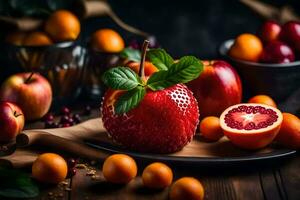 an apple, oranges and pomegranate on a wooden table. AI-Generated photo