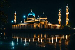 a mosque lit up at night with lights reflecting in the water. AI-Generated photo