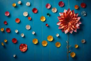 un flor hecho de papel es colgando desde un azul pared. generado por ai foto