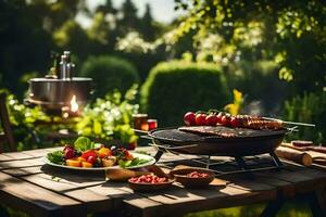 a barbecue with food on a table in the garden. AI-Generated photo