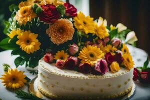 a wedding cake with yellow and red flowers. AI-Generated photo