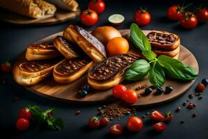 baked bread with tomatoes, basil and other ingredients. AI-Generated photo