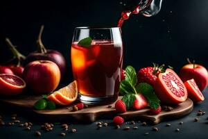 pouring juice into a glass of fruit juice. AI-Generated photo