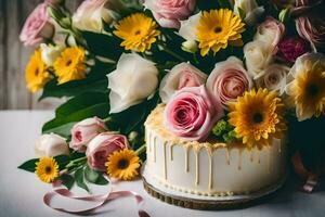 a cake with flowers and a drippy icing. AI-Generated photo