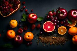 fruit and berries on a black background. AI-Generated photo