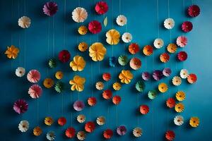 colorful paper flowers hanging from a blue wall. AI-Generated photo