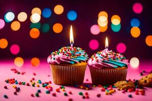 two cupcakes with candles on a pink background. AI-Generated photo