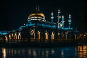 el mezquita a noche con azul luces. generado por ai foto