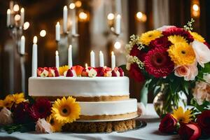 a wedding cake with candles and flowers. AI-Generated photo