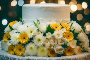 a wedding cake with yellow and white flowers. AI-Generated photo