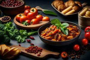 a bowl of food with vegetables, bread and other ingredients. AI-Generated photo