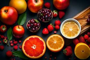 a variety of fruits and vegetables are arranged on a black background. AI-Generated photo