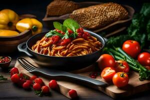 spaghetti with tomatoes and basil on a wooden table. AI-Generated photo
