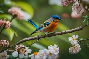 un azul y naranja pájaro se sienta en un rama con flores generado por ai foto