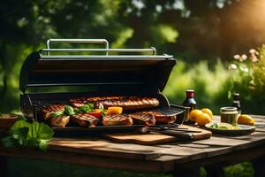 un parrilla con carne y vegetales en él. generado por ai foto