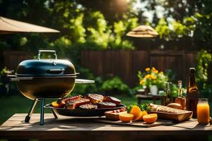 a grill on a table with food and drinks. AI-Generated photo