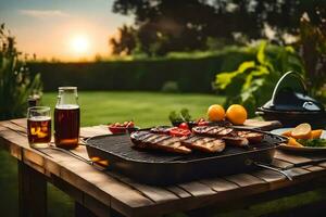 grilled steak on a grill with a bottle of beer and a plate of food. AI-Generated photo