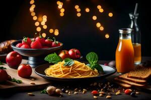 spaghetti with tomato sauce, bread, and berries on a wooden table. AI-Generated photo