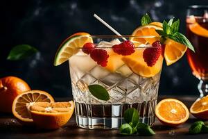 two glasses of orange juice with raspberries and mint. AI-Generated photo