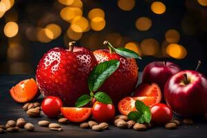 red apples, cherries and nuts on a dark background. AI-Generated photo
