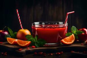 a glass of juice with oranges and apples. AI-Generated photo