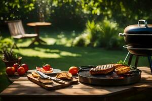 a grill with food on it and a table with a knife and a plate. AI-Generated photo