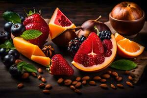 fruit and nuts on a wooden table. AI-Generated photo