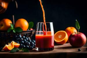 orange juice being poured into a glass with apples, berries and oranges. AI-Generated photo