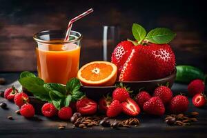 fresh fruit and juice on a dark wooden table. AI-Generated photo