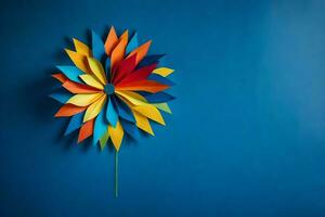 a colorful paper flower on a blue background. AI-Generated photo