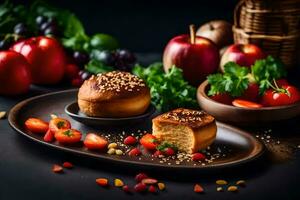 a plate with two buns and fruit on it. AI-Generated photo