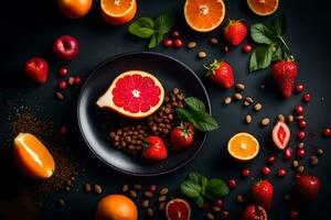 a plate of fruits and nuts on a black background. AI-Generated photo
