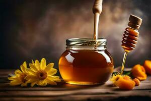 honey and flowers on a wooden table. AI-Generated photo