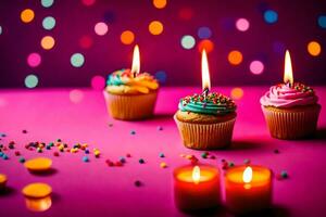 three cupcakes with colorful frosting and candles on a pink background. AI-Generated photo