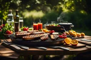 A la parrilla carne en un parrilla con vegetales y fruta. generado por ai foto