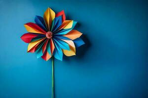 colorful paper flower on a blue background. AI-Generated photo