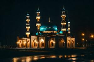 un mezquita iluminado arriba a noche con azul luces. generado por ai foto