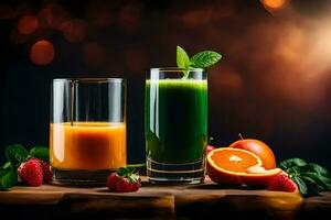 two glasses of juice with strawberries and oranges. AI-Generated photo