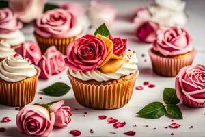 cupcakes with pink roses on a white table. AI-Generated photo