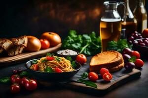 espaguetis con pan, Tomates, y un pan en un de madera mesa. generado por ai foto