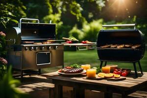 a grill with food on it and a table with a grill. AI-Generated photo