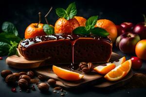 chocolate cake with oranges and nuts on a dark background. AI-Generated photo