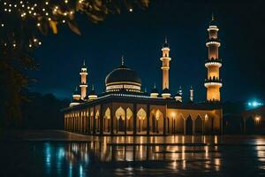 a mosque lit up at night with lights. AI-Generated photo