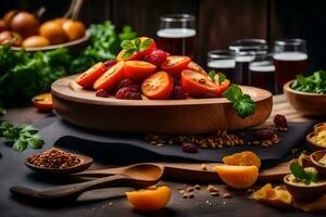 a bowl of fresh fruit and vegetables on a table. AI-Generated photo