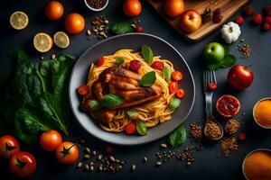 spaghetti with meat, vegetables and spices. AI-Generated photo