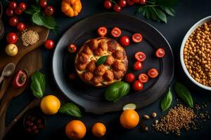 a plate with food and spices on it. AI-Generated photo