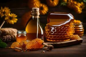 honey and honeycomb on a wooden table. AI-Generated photo