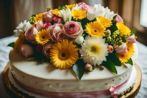 a cake with flowers on top of it. AI-Generated photo