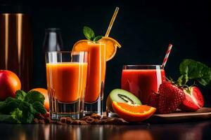 fresh juice in glasses and a pitcher of juice. AI-Generated photo